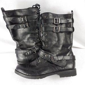 Womens Black Buckle Straps Fashion Combat Boots 10